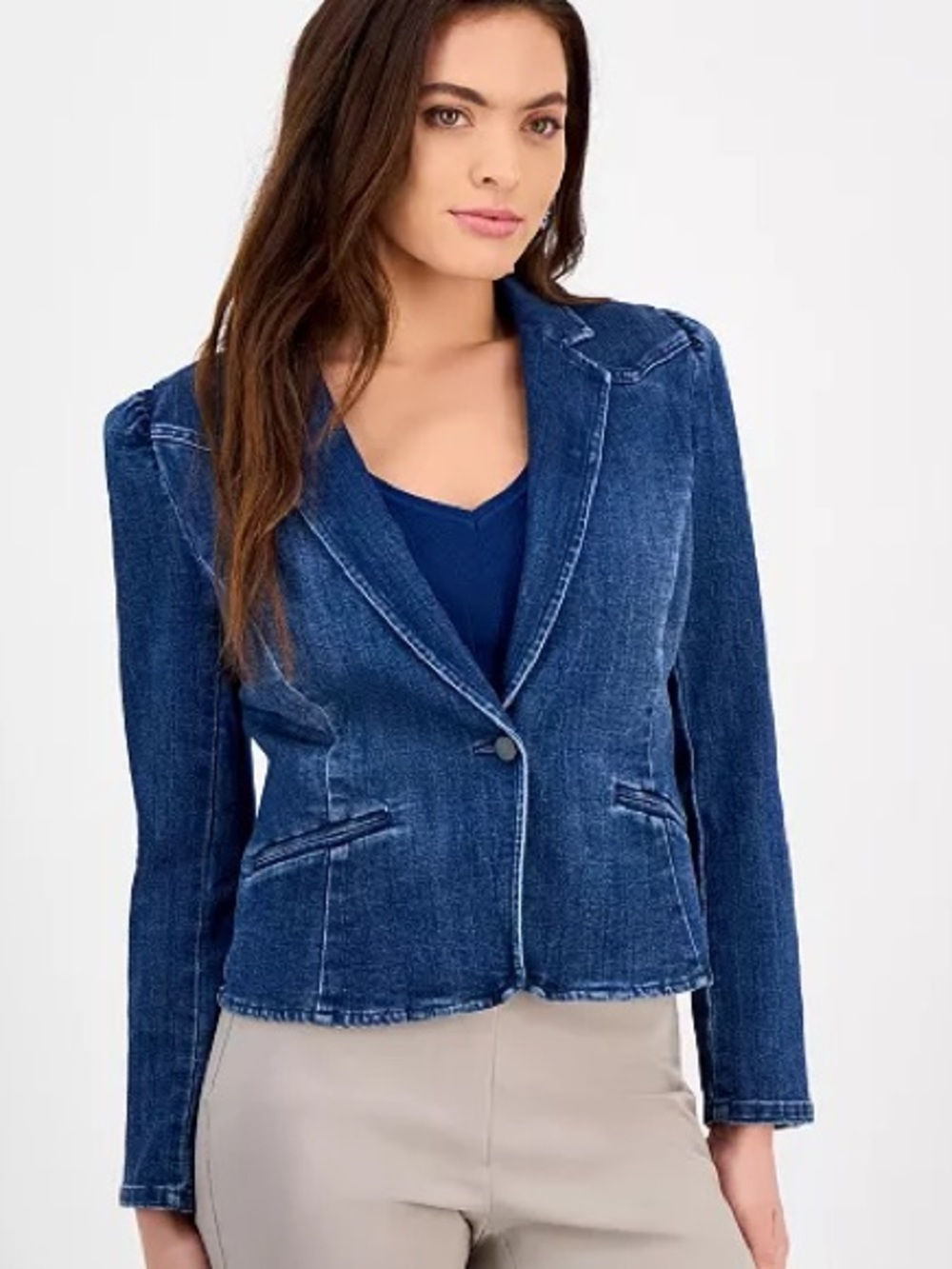 INC International Concepts Blue Denim Jean Puff-Sleeve Blazer Jacket Size XL